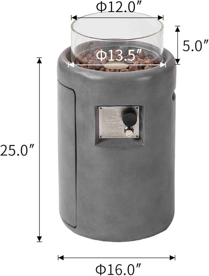 COSIEST Outdoor Propane Fire Pit Table w Compact Ledgestone 16-inch Round Graphite Base and Glass Wind Guard, Certified, 40,000 BTU, Free Lava Rocks, Touch-up Pen, Fits 20lb (Grey)