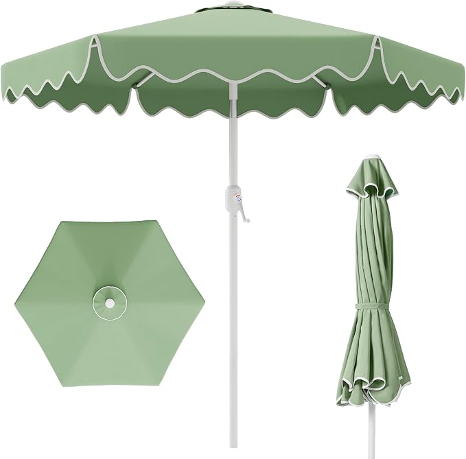 AreShark 7.5FT Outdoor Patio Umbrella with Wavy Trim (Sage Green) | Market Table Umbrellas w/ 6 Sturdy Ribs, Crank & Tilt, White Pole, Pool Umbrella with UV-Fade Resistant Fabric, Heavy Frame