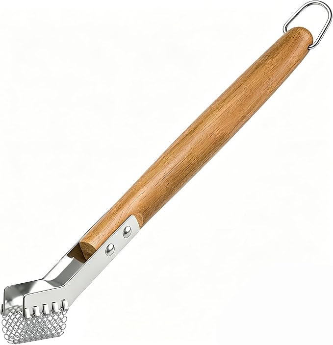 House Again Grill Scraper, Mesh Ring Grill Brush for Wire Grates & Rod Grates, Safe Barbecue Scraper with Long Wooden Handle for Outdoor BBQ & Camping-Griller Gifts for Men
