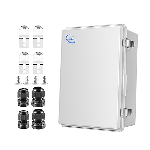 RTHIEAI Waterproof Outdoor IP67 Junction Box (11.4"x7.5"x5.5") with Mounting Plate, Hinged Grey Cover and Wall Brackets - Weatherproof ABS Plastic Electrical Enclosure for DIY Projects (290x190x140mm)