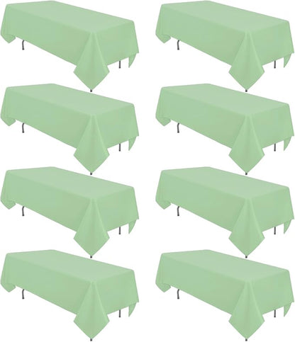 8 Pack Light Green Tablecloth 60 x 102 Inch Rectangular Table Cloth | For 6 Foot Rectangle Tables, Wrinkle Resistant, Washable Polyester Fabric, For Wedding Party Banquet Buffet and Camping