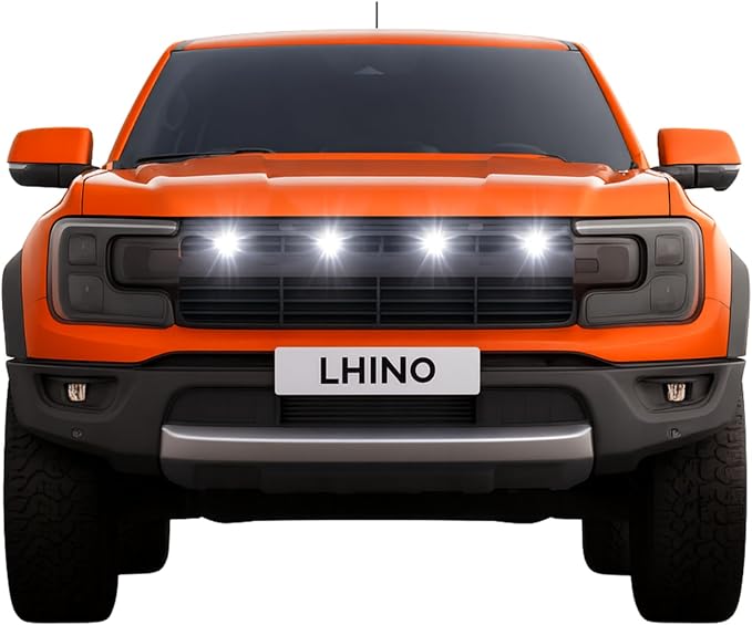 4pc White LED Front Grille Lights Compatible with 2022-2025 Ford Next-Gen Ranger Raptor Trucks, Smoked Lens, Seamlessly Integrates with AUX Switch (White, 4 LED)
