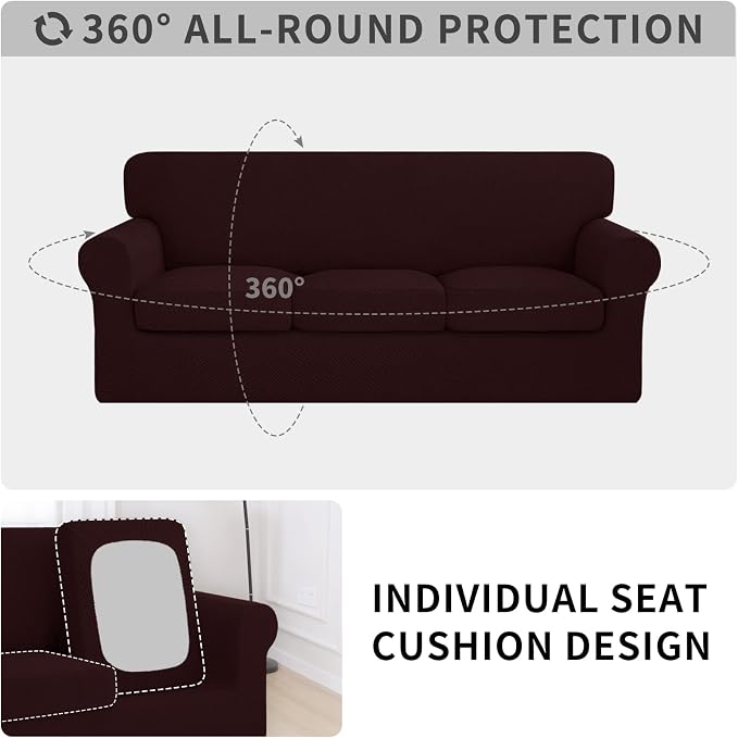 ISSUNTEX 4 Pieces High Stretch Thicken Couch Covers, Soft Sofa Slipcover for 3 Separate Cushion Couch, Jacquard Fabric Elastic Sofa Cover Furniture Protector for Dogs (Oversized Sofa, Wine)