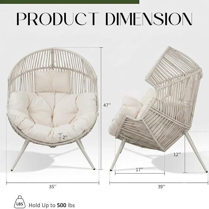 Shintenchi Egg Chair Outdoor with Cushion,Oversized Lounge Chairs, White | Patio Chair,PE Rattan,Egg Seat for Indoor Outdoor Living Room Bedroom Outside Patio Backyard Balcony