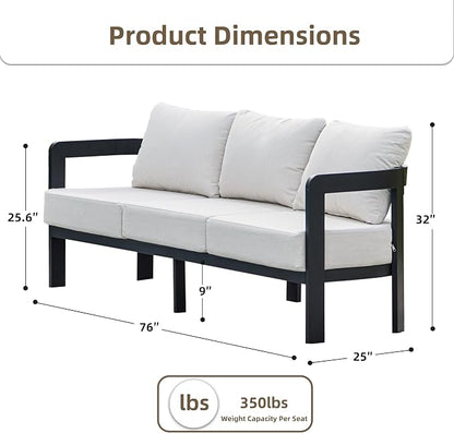 Outdoor Patio Sofa, 3-Seat All-Weather Metal Modern Couch with Washable Thick Cushion for Garden/Backyard/Porch, White