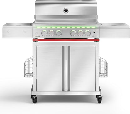 Electactic Heavy-duty Propane Gas Grill, SUS304 Stainless Steel 6-Burner BBQ Grill with 4 Main Burners, 1 Infrared Rear Burner, 1 Side Burner and LED Lights, High Performance Outdoor Grilling