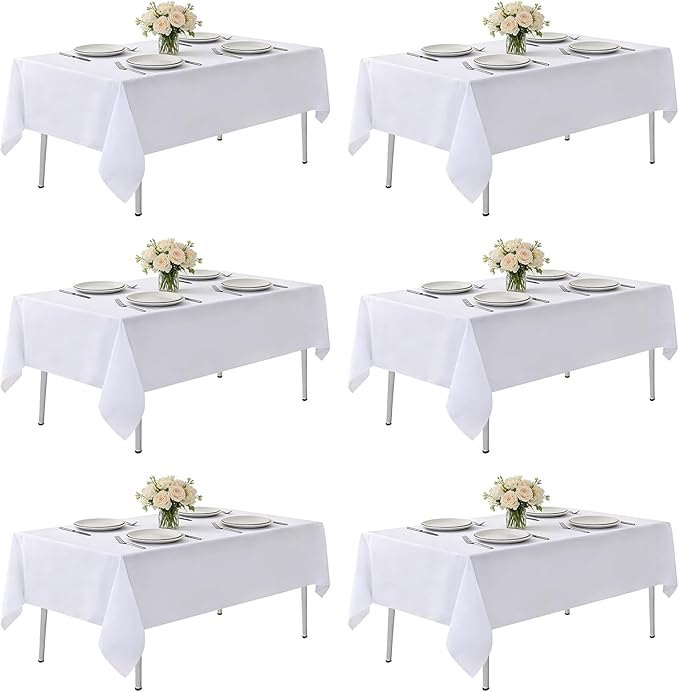 MRJ White Polyester Tablecloth 6 Pack, 60 x 102 Inch Rectangle Table Cloth for 6 Feet Tables, Bulk Stain Resistant Wrinkle Free Washable Fabric Cover for Weddings, Banquets & Restaurants