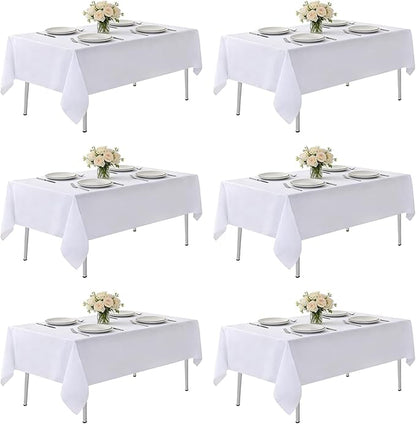 MRJ White Polyester Tablecloth 6 Pack, 60 x 102 Inch Rectangle Table Cloth for 6 Feet Tables, Bulk Stain Resistant Wrinkle Free Washable Fabric Cover for Weddings, Banquets & Restaurants