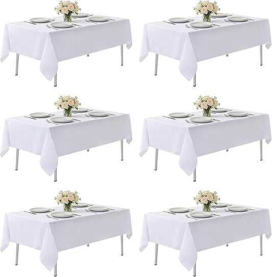 MRJ White Polyester Tablecloth 6 Pack, 60 x 102 Inch Rectangle Table Cloth for 6 Feet Tables, Bulk Stain Resistant Wrinkle Free Washable Fabric Cover for Weddings, Banquets & Restaurants