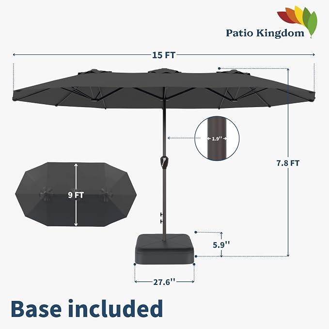 15FT Double Sided Patio Umbrella with Base Included Large Outdoor Market Umbrella with Crank Handle, UV Resistant Canopy, Sturdy Frame for Garden, Poolside, Deck, Gray
