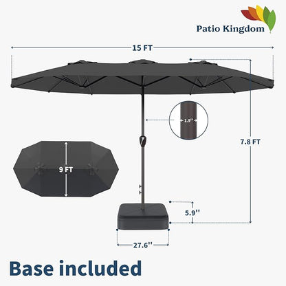 15FT Double Sided Patio Umbrella with Base Included Large Outdoor Market Umbrella with Crank Handle, UV Resistant Canopy, Sturdy Frame for Garden, Poolside, Deck, Gray