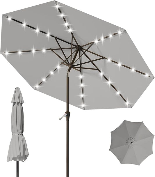 9FT Patio Umbrella with Solar Lights,Outdoor Market Umbrella with Tilt and Crank, LED Lighted Table Umbrella for Garden,Deck,Backyard,Pool,Beach (Light Gray)