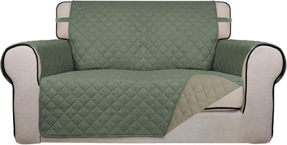 PureFit Reversible Quilted Couch Covers for Dogs Loveseat Sofa Cover 46.5” | Greyish Green/Beige, Water Resistant Couch Protector, Washable Pet Couch Cover with Non Slip and Elastic Straps For Kids