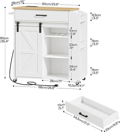 HOOBRO Kitchen Island on Wheels, Rolling Island Cart with Power Outlet, Kitchen Storage Table with Sliding Barn Doors, 1 Drawer and Spice Rack, for Home, Dining Room, White WN60UZD01