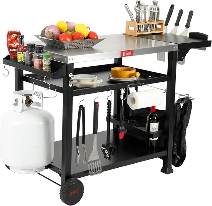 Feasto Outdoor Grill Table Cart, Pizza Oven Stand for Outdoor Indoor, 50" x 22" Stainless Steel Tabletop Dining BBQ Grill with Wheels for Food Prep, 3-Shelf Kitchen Cart with Cover