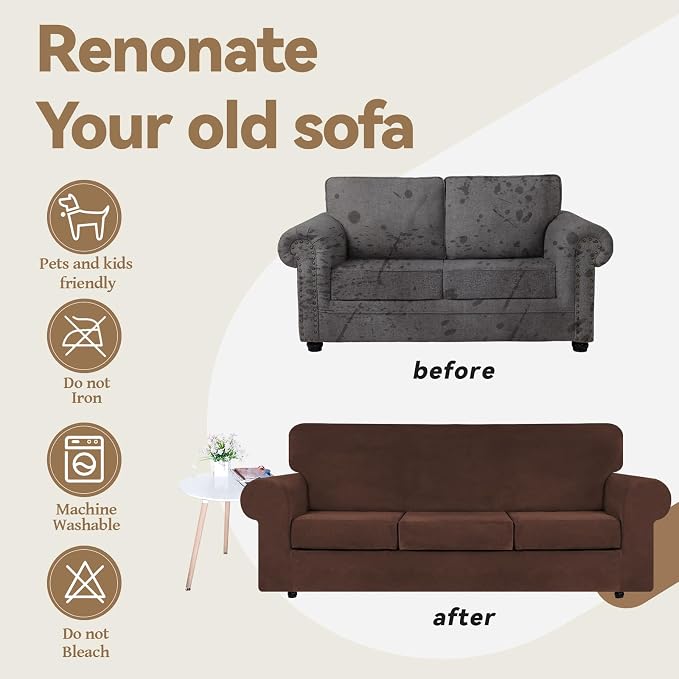WEERRW Velvet Stretch 3 Pieces Couch Cover for Sofa Washable, Chocolate | Love Seat Couch Covers for 2 Cushion Couch Sofa Furniture Protector slipcoves with Elastic Bottom for Kids, Medium
