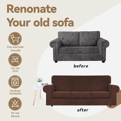 WEERRW Velvet Stretch 3 Pieces Couch Cover for Sofa Washable, Chocolate | Love Seat Couch Covers for 2 Cushion Couch Sofa Furniture Protector slipcoves with Elastic Bottom for Kids, Medium