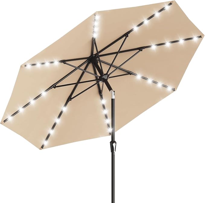 GarveeLife 10 ft Patio Umbrella with Solar Lights, 8 Ribs Outdoor Market Table Umbrella with 40 LED Lights & Tilt Crank for Pool, Deck, Backyard (Tan)