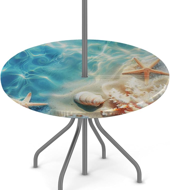 AUUXVA Round Outdoor Tablecloth with Umbrella Hole - Waterproof Patio Table Cover with Zipper Elastic Table Cloth Fits 45"-56" Tables for Party Cafe Garden Decor(Ocean Shells Starfish)