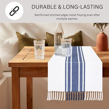 Table Runner 100% Cotton 14x72 Inch - Soft Durable Washable, for Parties Holidays Weddings Kitchen and Everyday Use - 72 Inches Long Farmhouse Rustic Table Runner Blue