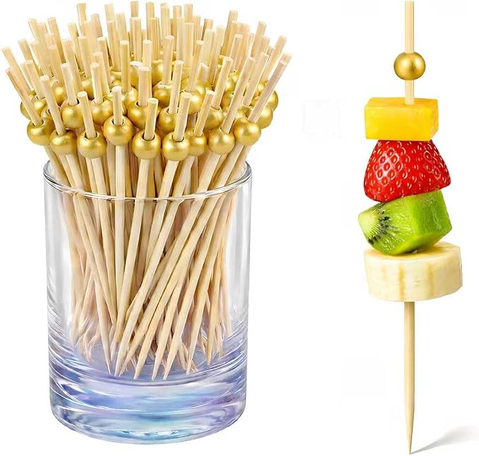 300PCS Cocktail Picks, Fancy Toothpicks for Appetizers, Decorative Bamboo Skewers for Appetizers Drinks Fruit, 4.7 Inch Long Wooden Gold Pearl Food Sticks Charcuterie Boards Accessories Party Supplies