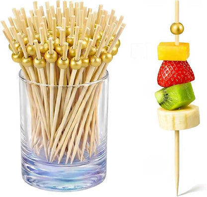300PCS Cocktail Picks, Fancy Toothpicks for Appetizers, Decorative Bamboo Skewers for Appetizers Drinks Fruit, 4.7 Inch Long Wooden Gold Pearl Food Sticks Charcuterie Boards Accessories Party Supplies