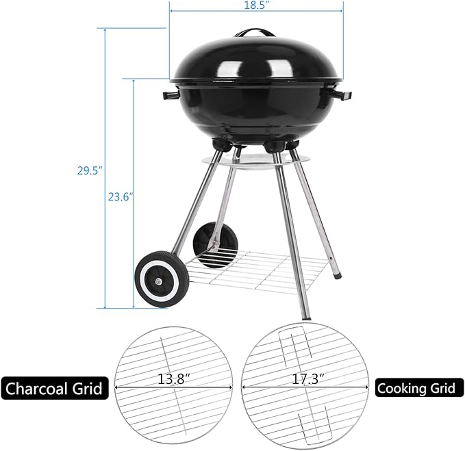 18" Portable Charcoal Grill with Wheels and Storage Holder, Barbecue Grills Steel BBQ Grill for Garden Party Picnic Hiking Travel Backyard Cooking, Easy to Assemble, Asadores de Carbon (Black)