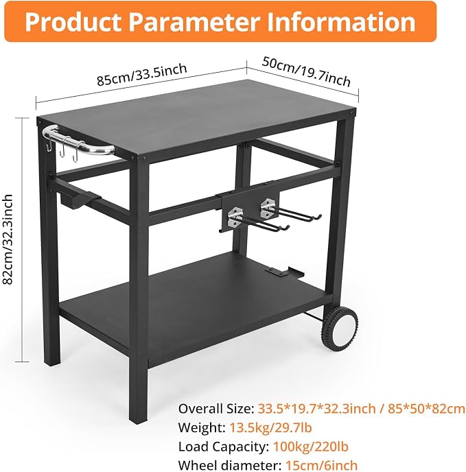 Dining Cart,Outdoor Grill Cart with Double-Shelf,with 4 Hooks, Side Handle,Wheels,Cooking Table for Outdoors, Kitchen or Backyard Patio, Movable BBQ Trolley,Multifunctional and Commercial (Black)