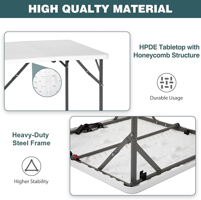 FDW | 34" Folding Table | White | Portable Plastic Table | with Carry Handle | Waterproof & Foldable Table Design | Steel Frame with Lock | for Events, Camping, Indoor & Outdoor Use