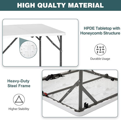 FDW | 34" Folding Table | White | Portable Plastic Table | with Carry Handle | Waterproof & Foldable Table Design | Steel Frame with Lock | for Events, Camping, Indoor & Outdoor Use
