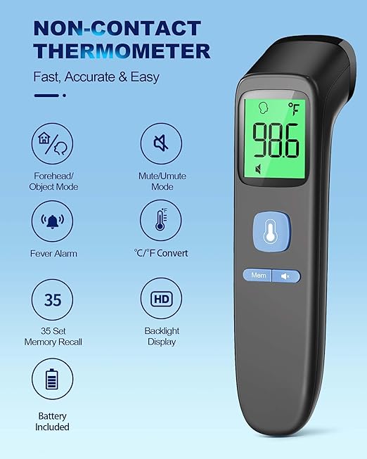 No-Touch Forehead Thermometer for Adults, Infrared Digital Baby Thermometer for Kids, Accurate Reading with Large Display, Mute Mode, Memory Recall, Fever Alarm