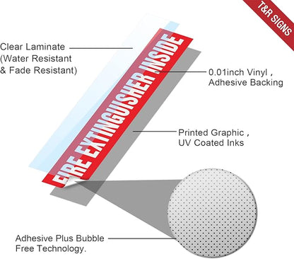 T&R Fire Extinguisher Inside Sign Stickers - 10 Pack - 9" x 1.7" Self-Adhesive Vinyl Reflective, UV resistant, Waterproof, Fade and Scratch Resistant, Suitable for Vehicles Indoor and Outdoor - Red