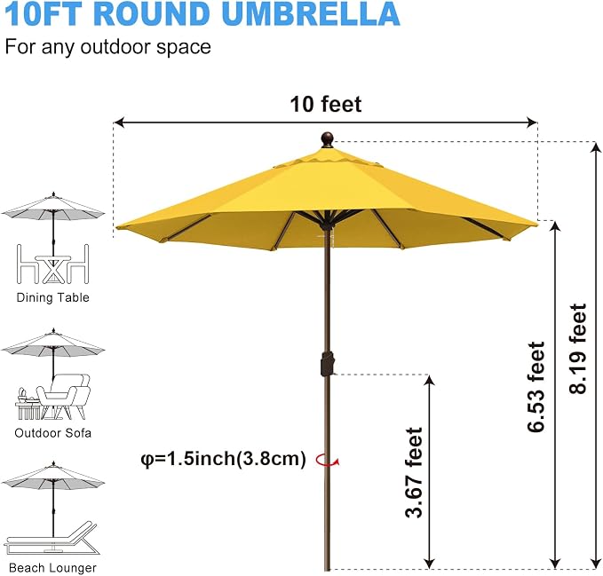 Eurmax USA 10-Year-Non-Fading 10FT Outdoor Patio Market Umbrella,UPF50+ UV Resistant Sun Shade,Heavy Duty Commercial Grade,Crank Lift Design,Windproof Vented Top for Garden,Pool,Deck,Sunflower Yellow