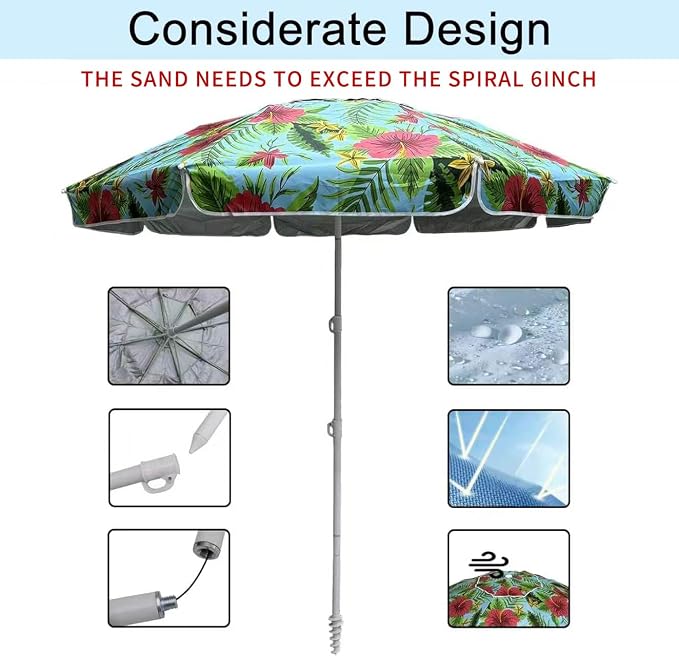 LOTTAFUN Portable Beach Umbrella 6ft – Lightweight Adjustable Outdoor Patio and Beach Umbrella Sun Shade with Sand Anchor & Carry Bag, Outdoor Folding no Tilt The sand needs to exceed the spiral 6inch