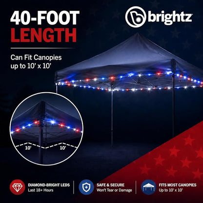 Brightz LED Patriotic Canopy Lights - 40 ft Red White & Blue String Lights - 4th of July Golf Cart Decorations - Made in USA with Globally Sourced Materials, Battery Powered 60 LEDs, 24+ Hour Runtime