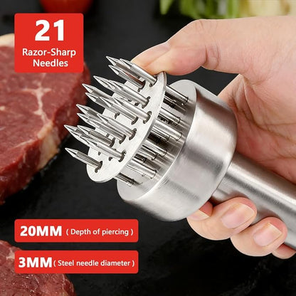Meat Tenderizer Tool, Stainless Steel with 21 Sharp Needles & Retractable Safety Guard for Meat Piercing, Tenderizing Steak, Beef, Chicken, Pork, Dishwasher Safe