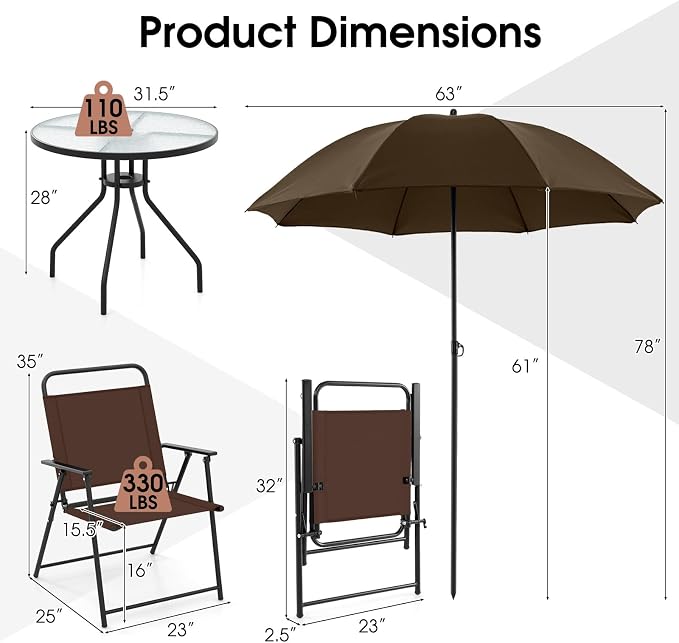 GIANTEX 6 Pieces Patio Dining Set, Folding Patio Chairs Set of 4, Tempered Glass Umbrella Table with Hole, Patio Table and Chairs for Lawn, Deck, Poolside, Backyard (Brown)