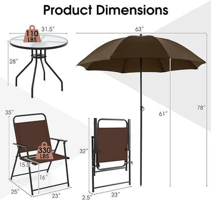 GIANTEX 6 Pieces Patio Dining Set, Folding Patio Chairs Set of 4, Tempered Glass Umbrella Table with Hole, Patio Table and Chairs for Lawn, Deck, Poolside, Backyard (Brown)