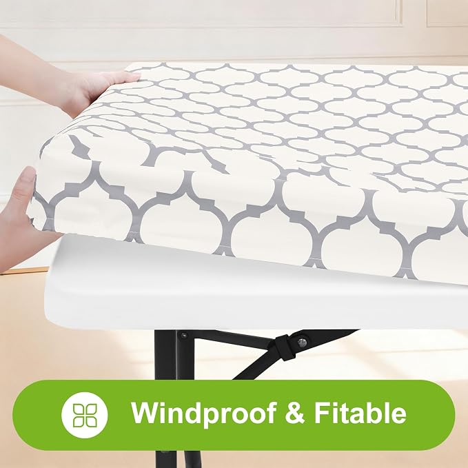 Smiry Picnic Fitted Table Cover, 6 Foot Flannel Backed Vinyl Tablecloth | Waterproof Elastic Stretch Table Cloth, Wipeable Plastic Tablecloth for Camping, Indoor & Outdoor (Beige, 30" x 72")