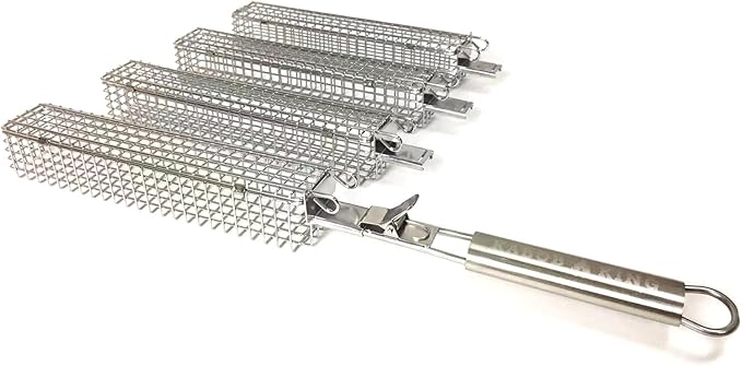 ORIGINAL XL Kabob Grilling Basket Set of 4 with Detachable Handle. UPGRADED DESIGN - New & Improved Stainless Steel Construction with Larger Capacity (12 x 2 x 2) for Outdoor Grilling by Kabob King (With Apron/Storage)