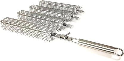 ORIGINAL XL Kabob Grilling Basket Set of 4 with Detachable Handle. UPGRADED DESIGN - New & Improved Stainless Steel Construction with Larger Capacity (12 x 2 x 2) for Outdoor Grilling by Kabob King (With Apron/Storage)