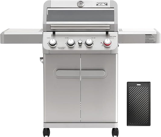 Monument Grills 4 Burner Propane Gas Grill, Stainless Steel Outdoor Patio Barbecue Grill with Cooking Plate, with Broil Zone Fast Heating, Knob Control, and Easy Cleanup, M410MBZ