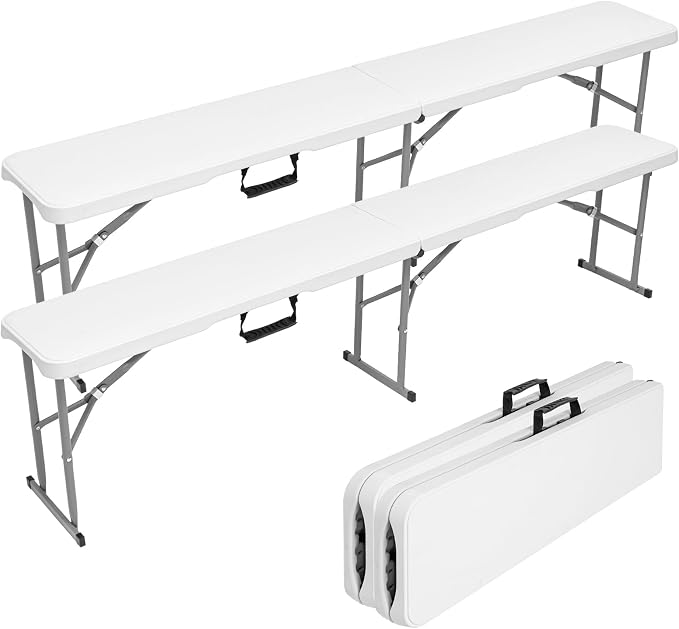6FT Folding Bench, Fold‑in‑Half with Carrying Handle, 2 Pack | Heavy Duty Portable Plastic Bench for Dining Table, Patio , Garden & Soccer Sideline, White Foldable , Easy to Store & Carry