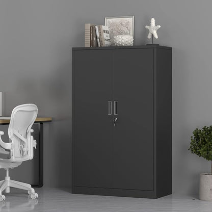 Metal Storage Cabinet with Locking Doors and 3 Adjustable Shelves, 53.5-Inch Tall Lockable Steel Storage Cabinets for Home Office Garage Pantry (Black)