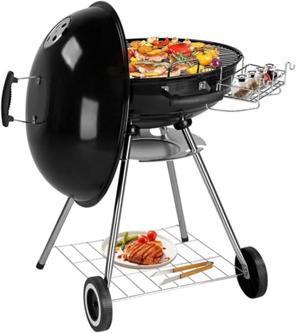 28 Inch Portable Charcoal Grill with Wheels - Porcelain Enameled Kettle BBQ with Lid, Thermometer, Ash Catcher, Storage Rack for Outdoor Backyard Camping Tailgate - Black
