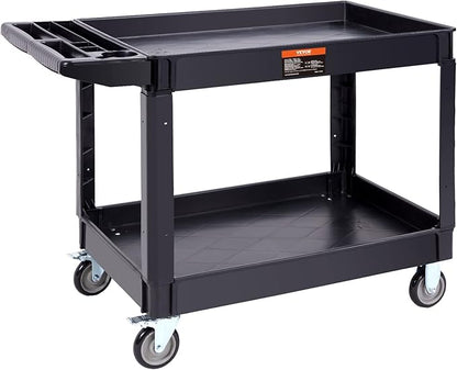 VEVOR Utility Service Cart 2 Shelf 550 lbs Heavy Duty Plastic Rolling Cart | Heavy Duty Utility Cart with 360° Swivel Wheels, Large Lipped Shelf, Ergonomic Storage Handle for Warehouse/Garage/Cleaning