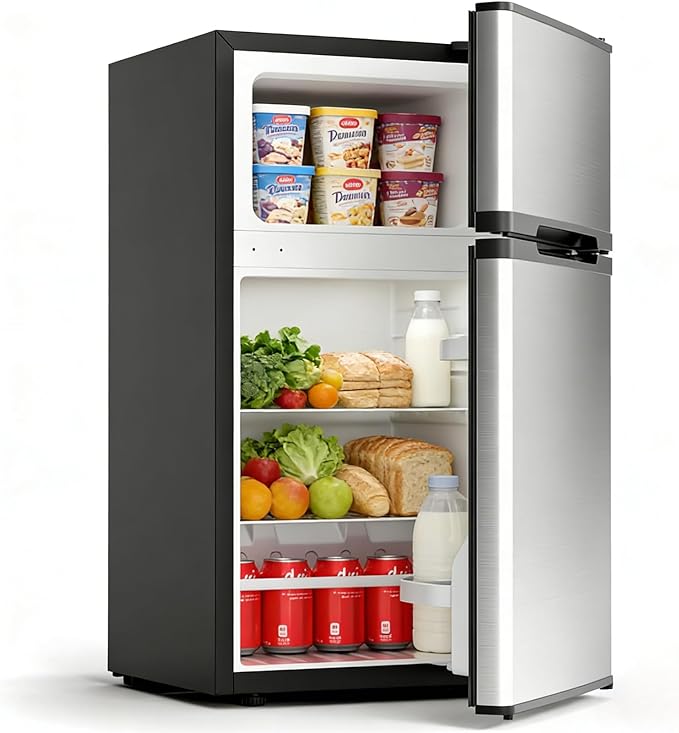 Kismile 2.6 Cu.Ft Mini Fridge with Freezer for Bedroom & Office, Silver | Compact Refrigerator with 2 Reversible Doors, 3-level Adjustable Thermostat, Removable Shelves & Interior Light for Dorm