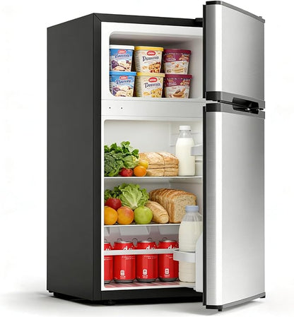 Kismile 2.6 Cu.Ft Mini Fridge with Freezer for Bedroom & Office, Silver | Compact Refrigerator with 2 Reversible Doors, 3-level Adjustable Thermostat, Removable Shelves & Interior Light for Dorm