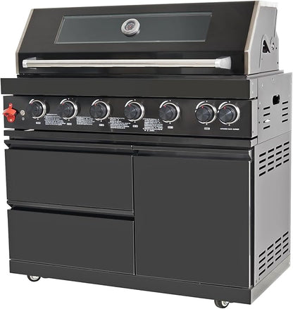 43 Inch Outdoor Kitchen Island, 6-Burner Propane Stainless Steel BBQ with Rear Burners, For Backyard BBQ, Black