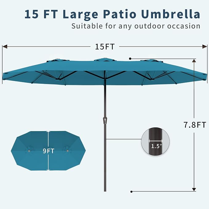 PatioKingdom 15FT Large Patio Umbrella with Base, Double Sided Rectangular Outdoor Umbrella with Sturdy Fiberglass Ribs, Market Umbrella for Pool,Garden,Backyard,Deck (Lake Blue, 15FT)